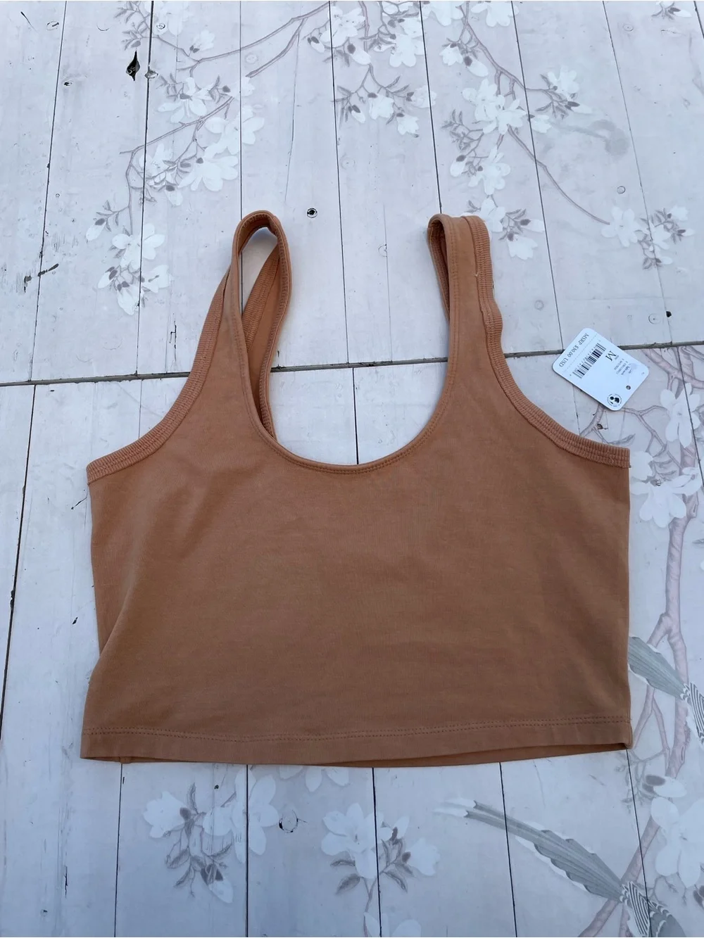 Free People Brown Ribbed Crop Tank with White Floral Detail